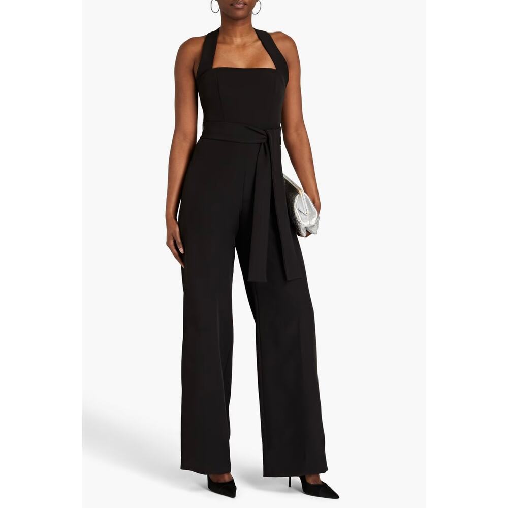 Halston Leia Black Wide Leg Stretch Crepe Jumpsuit Size 2